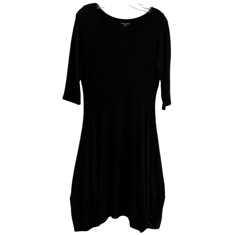 Eileen Fisher Italian Yarn 3/4 Sleeve Midi Dress Womens Size Medium Black Soft